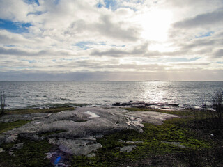 Grass and rocks on sea shore on a partly cloudy day.