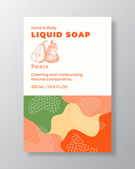 Fototapeta premium Liquid Soap Package Label Template. Abstract Shapes Camo Background Vector Cover. Cosmetics Packaging Design. Modern Typography and Hand Drawn Pear with a Half Fruit Sketch.