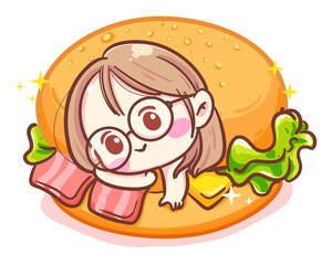 Character of cute girl and delicious burger or sandwich ham isolated on white background with fast food meal.
