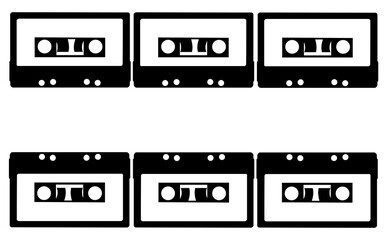 Silhouettes of old audio cassettes isolated on a white background.Text frame.
