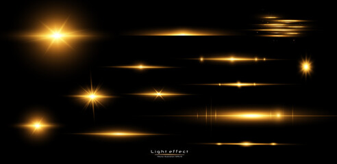 Shining golden stars isolated on black background. Effects, glare, lines, glitter, explosion, golden light. Vector illustration