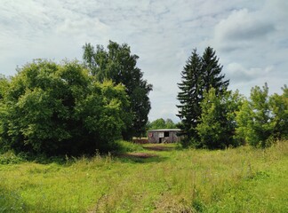 rural landscape with a hayloft among green trees against a blue cloudy sky