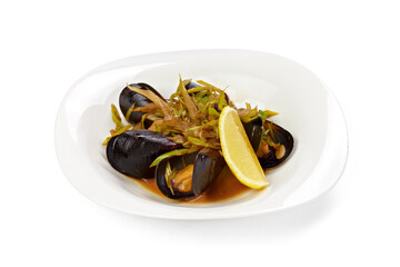 Cooked mussels in shells isolated on white