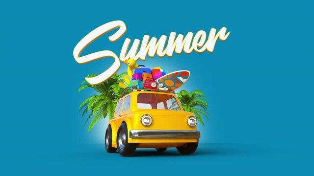 3D toon yellow car loaded with surfing board, luggages, pool toys, a beach ball, beach sleepers, scuba fins and a radio on blue background with palm trees. Summer vacation concept 3d animation.