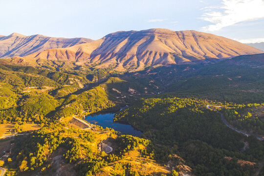 Dramatic views of the mountains from aerial perspective during the sunset