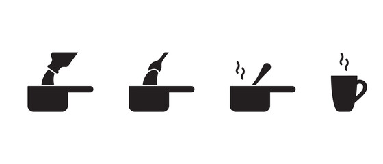 Preparation of hot chocolate on stove. Silhouette icons set. Pour milk into saucepan, add cocoa, stir, warm up. Basic recipe of drink. Home cooking instruction. Black flat vector, simple illustration
