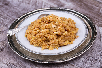 Turkish Semolina Dessert Helva / halva with Almond / Irmik Tatlisi