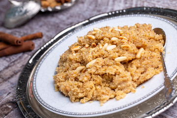 Turkish Semolina Dessert Helva / halva with Almond / Irmik Tatlisi