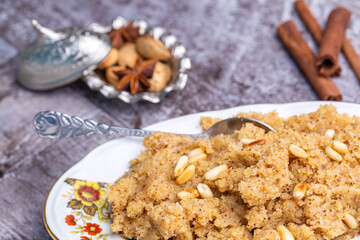Turkish Semolina Dessert Helva / halva with Almond / Irmik Tatlisi