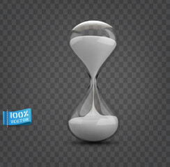 Vector hourglass with transparent glass flask and white sand isolated on gray background. Realistic illustration with sandhours. Element for layout, design.