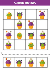 Sudoku puzzle game with spooky Halloween cupcakes.
