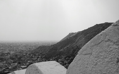 Panoramic view of city of Jaipur, Rajasthan in India from observation or viewing point on mountain...