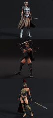 Fototapeta na wymiar 3D set of warrior women