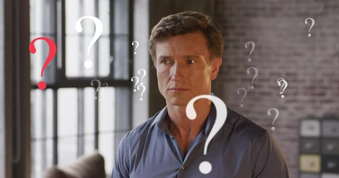 Beautiful Slow Motion Video of Man Thinking Over a Lot of Questions. What to do, When, How, Why. Businessman Solving Problems. Business Concept. Businessman Series 4K UHD 4096x2160 3d animation.