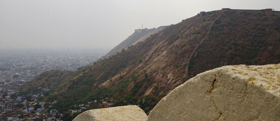 Panoramic view of city of Jaipur, Rajasthan in India from observation or viewing point on mountain...