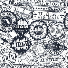 Miami Florida Stamps. City Stamp Vector Art. Postal Passport Travel. Design Set Pattern.