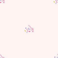 Obraz premium Cartoon cute doodles hand drawn Musical seamless pattern. Colorful detailed. Bright colors backdrop with music symbols and items