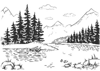 Vector illustration of nature in the mountains. tourism in nature. landscape with mountains, lake and forest. Illustration of tourism and recreation in the wild. hand drawn sketch