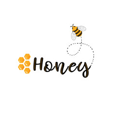 Title Honey with an icon of bees and honeycombs. Vector illustration, sticker isolated on a white background.