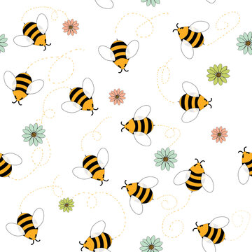 Seamless pattern of bees and flowers. Simple cartoon image for packaging, paper, fabric.
