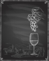Wine chalkboard banner with empty space for text and hand drawn graphic illustration with man hand holding bunch of grapes