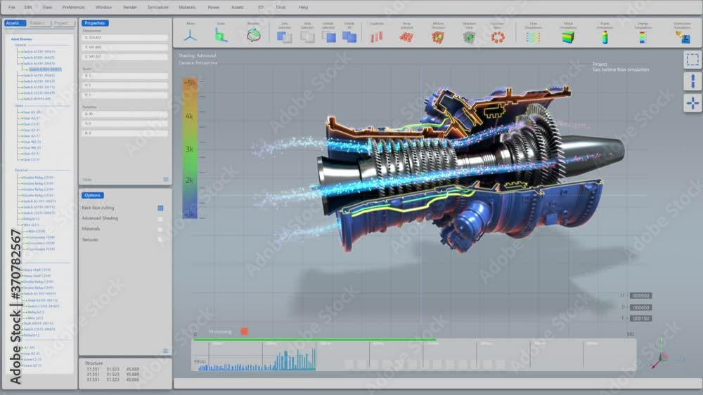 Poster computer cad software showing design of industrial sustainable green energy turbine / engine in 3d. 