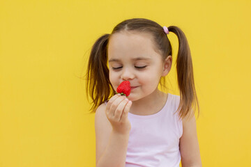 a cheerful girl of 4-5 years old eats fresh strawberries in the fresh air. Summer season. Childhood. Isolated yellow background