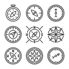Compass and Wind Rose Icons Set on White Background. Line Style Vector