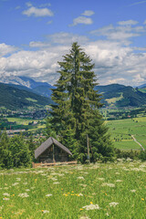 Fototapeta premium Little wooden lodge in mountain region in Altenmarkt im Pongau