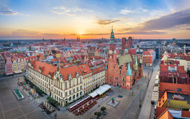 Wroclaw, Poland. Aerial view of Rynek square with historic gothic Town Hall on sunrise