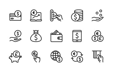 Currency and payment vector line icons. Contains linear icons such as cash, wallet, coins, piggy bank, credit card, bank, money, exchange Rate and much more. Simple vector character set.