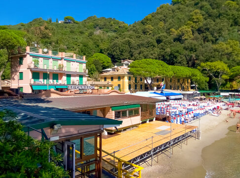 Portofino, Italy - September 16, 2019: beach known as paraggi near portofino in genoa on a blue sky and sea background