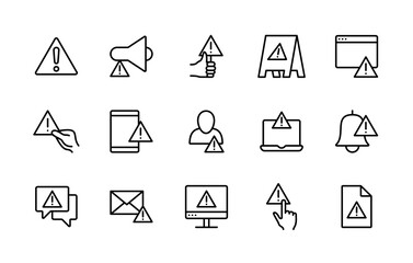 Warnings and attention vector linear icons set. Contains such icons as alert, exclamation mark, warning sign, danger, error, information and more. Isolated collection of alert for web sites.