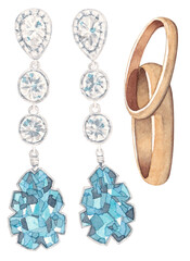 Wedding rings and elegant chandelier earrings with emeralds. 