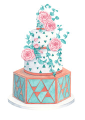 Floral wedding cake with geometries, aquamarine color, made in watercolor with little flowers.