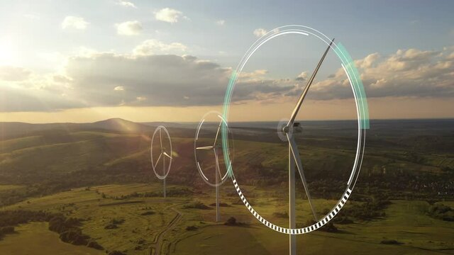 Alternative Energy. Wind farm. Aerial view of horizontal-axis wind turbines generating electricity Wind energy. Clean renewable energy technologies. Wind power plants. Animated visualization concept.