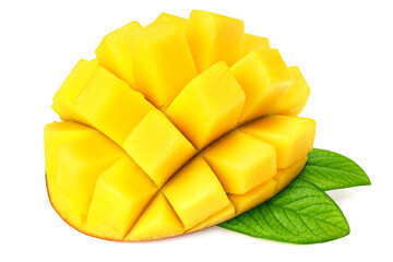 mango with slices and green leaves isolated on white background. exotic fruit.