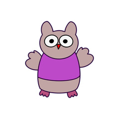 Funny owl sticker. Little owl in a purple t-shirt. Suitable for postcards, stickers, T-shirts and children's books. Isolated, vector.