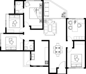 2D CAD layout plan drawing of a luxury condominium with a few numbers of bedrooms complete with two bathrooms, kitchen and living room. Drawing produced in black and white.
