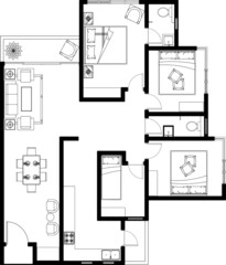 2D CAD layout plan drawing of a luxury condominium with a few numbers of bedrooms complete with two bathrooms, kitchen and living room. Drawing produced in black and white.