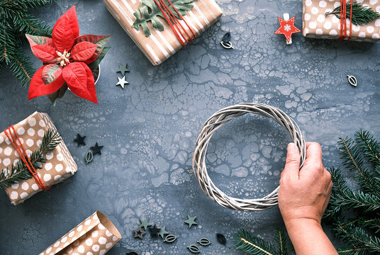 Making DIY Christmas Gifts And Handmade Decorations, Gift Boxes Wrapped In Craft Wrapping Paper.