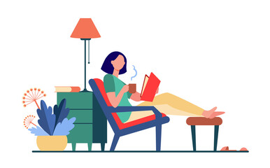 Woman relaxing at home. Girl drinking hot tea, reading book in armchair flat vector illustration. Leisure, evening, literature concept for banner, website design or landing web page