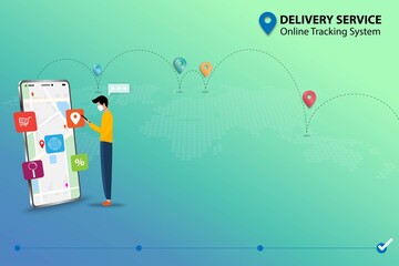 Concept of delivery service with online tracking system, young man is holding a smartphone to check and track the shipment that shown on the display in blue green shade background.