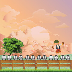 Naklejka premium Apprehensive flock of birds perched on a fence deterred from feeding on farmers land by a scarecrow set against a dawn or dusk sky 