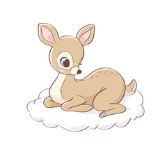 Obraz na płótnie Canvas Cute little deer character sitting on cloud hand drawn vector illustration. Can be used for t-shirt print, kids wear, fashion design, baby shower invitation card, poster, birthday, nursery