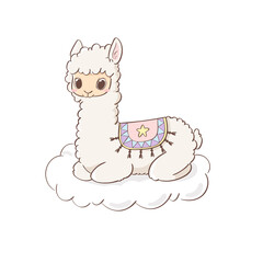 Cute little llama character sitting on cloud hand drawn vector illustration. Can be used for t-shirt print, kids wear, fashion design, baby shower invitation card, poster, birthday, nursery