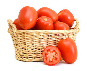 Tomatoes in a basket isolated on white background