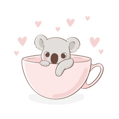 Cute little koala character sitting in pink cup hand drawn vector illustration. Can be used for t-shirt print, kids wear, fashion design, baby shower invitation card, poster, birthday, nursery