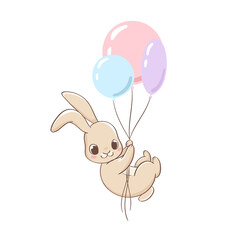Cute little rabbit character flying on balloons hand drawn vector illustration. Can be used for t-shirt print, kids wear, fashion design, baby shower invitation card, poster, birthday, nursery