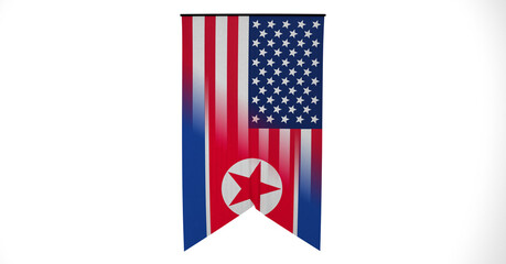 American and North Korean Flag, Floating Flag, Political Relations, Strategic Relations, 3D Render